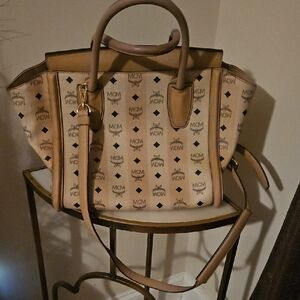 MCM Beige Logo-Print Visetos Tote with Top Handles